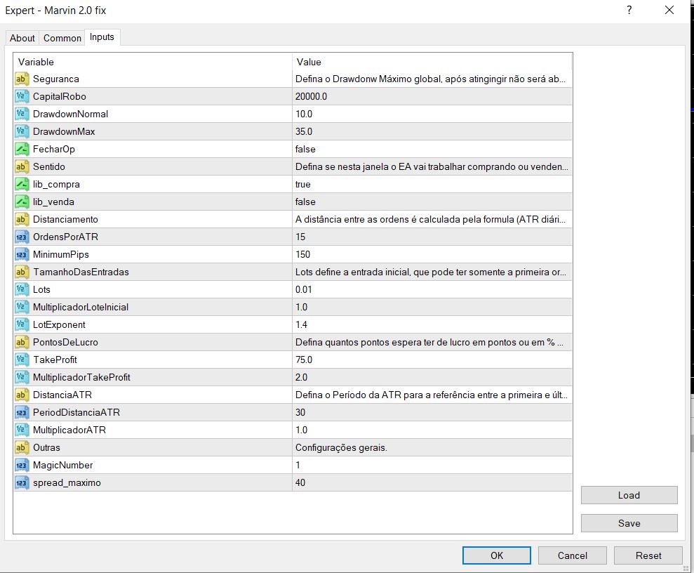 MARVIN EA MT4 V2.0 Setting