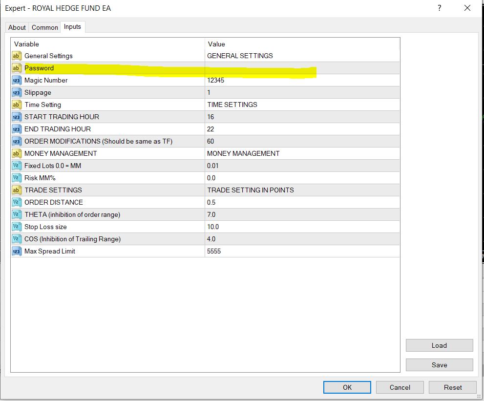 Royal Hedge Fund EA Setting