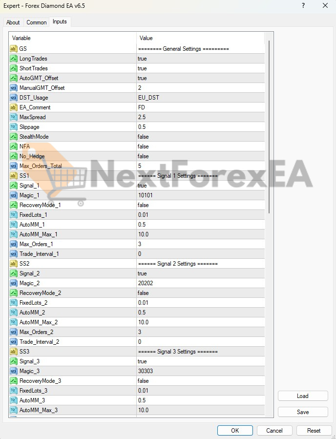 Forex Diamond EA MT4 EU settings 1
