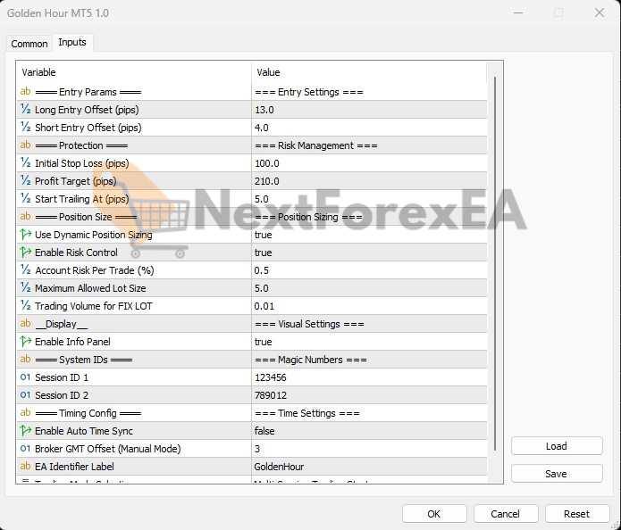 GoldenHour EA MT5 settings