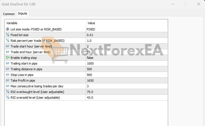 Gold OneShot EA MT5 Inputs