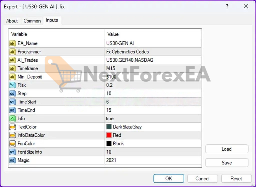 US30-GEN AI EA MT4 Settings