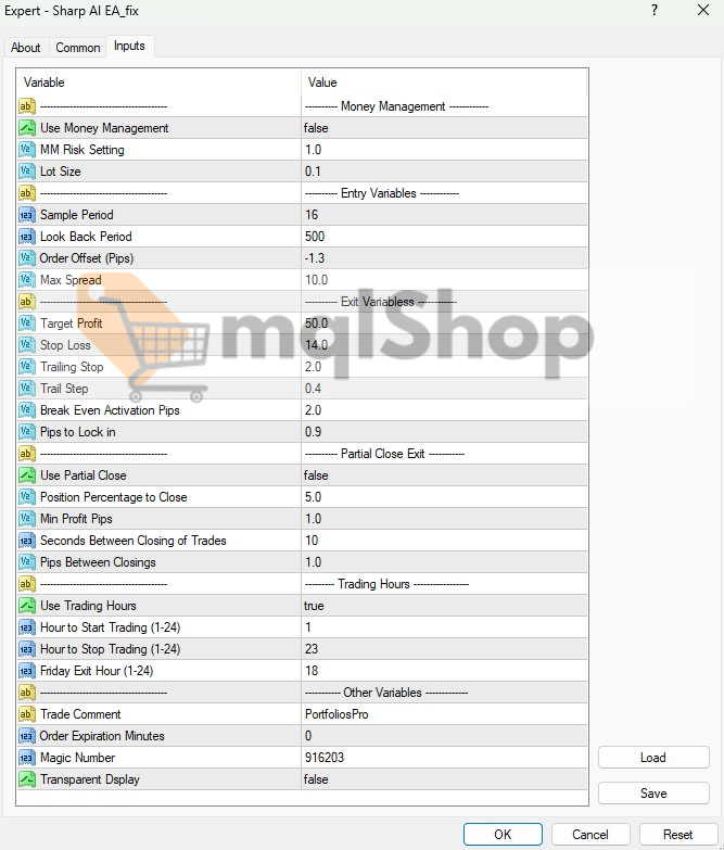 Sharp AI EA MT4 Inputs