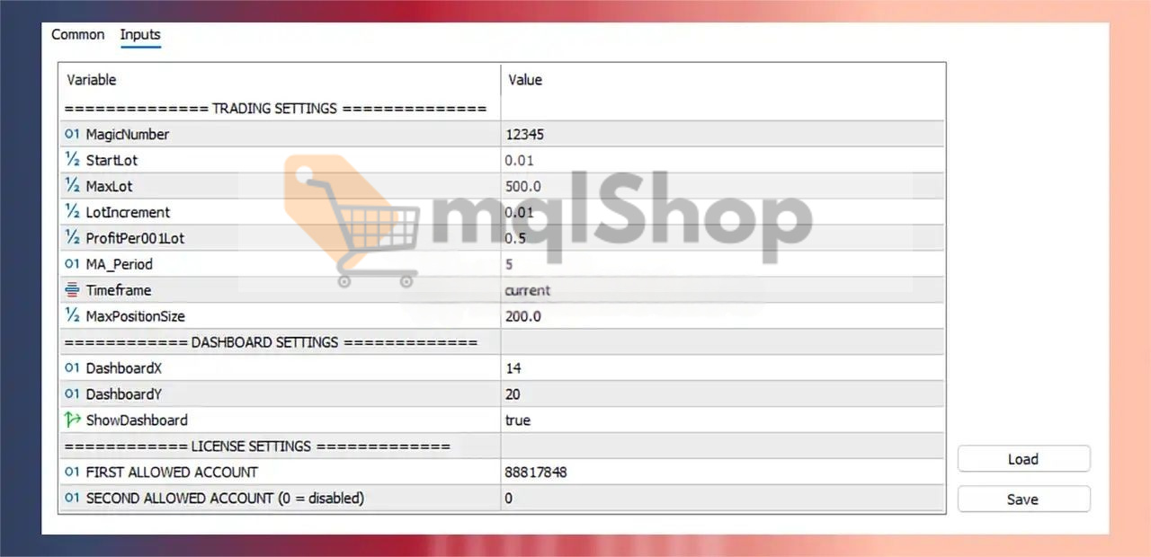 Gold Killer EA MT5 settings panel showing MagicNumber 12345 StartLot 0.01 MaxLot 500 MA Period 5 configuration