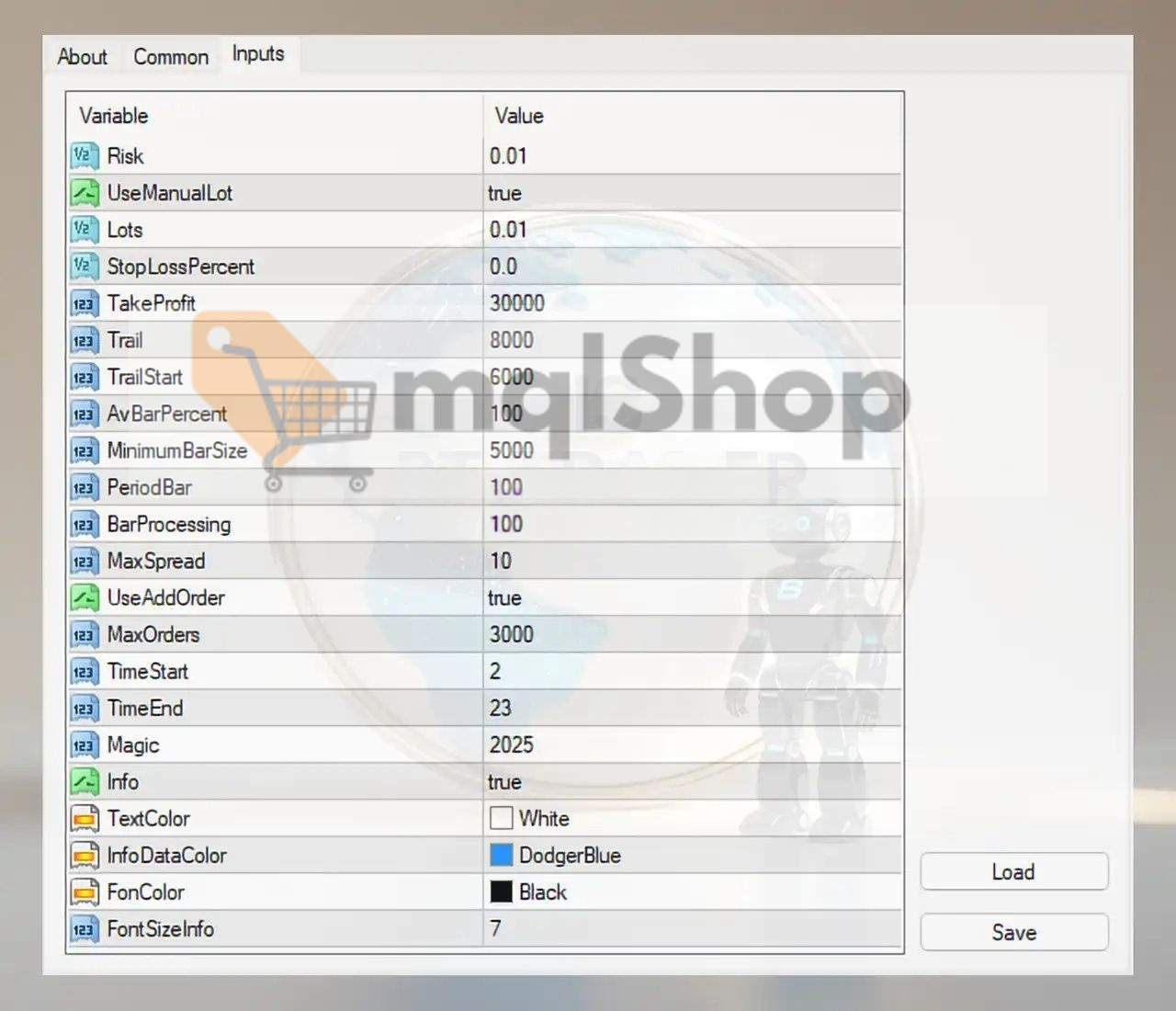 IS BTTrader EA MetaTrader 4 input parameters configuration showing Risk 0.01, UseManualLot true, Lots 0.01, TakeProfit 30000, Trail 8000, TrailStart 6000, MaxSpread 10, UseAddOrder true, MaxOrders 3000