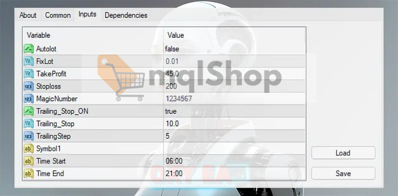 Oxy EA input parameters showing FixLot 0.01, TakeProfit 45, Stoploss 200, trailing stop enabled